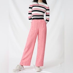 Maje pink satin bird print wide leg elastic waist pants